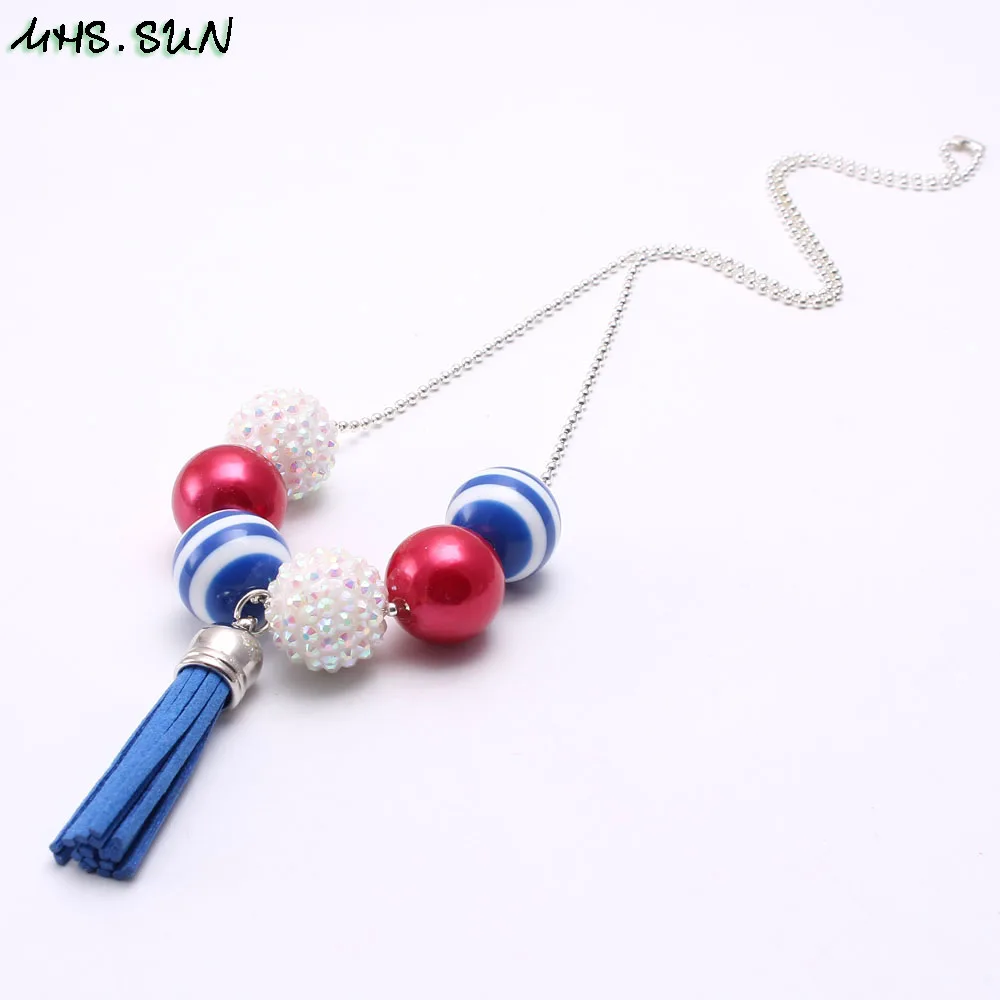 BN597-1 (4),$1.8-1PC,50g. USA 4th July American Flag Necklace Fashion Kids Girls Chunky Bubblegum Beads Necklace Tassel Pendant Design Child GiftJPG