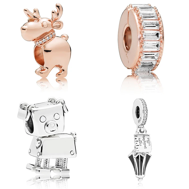 

NEW 100% 925 Sterling Silver Happy Reindeer Bobby Bot Charm White Enamel Ice Formation Clip Rose Gold Clear CZ Umbrella Dangle