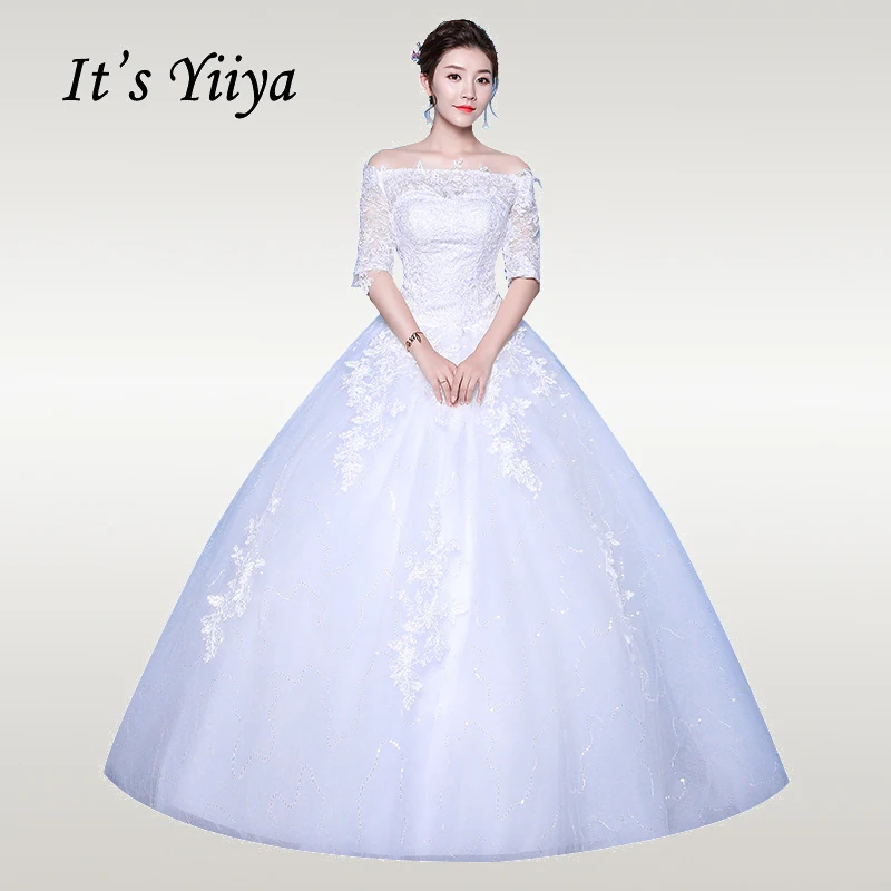 

It's YiiYa Wedding Dress 2019 Elegant White Boat Neck Half Sleeve Weddding Dresses Lace Up Plus Size Vestido de novia XXN217