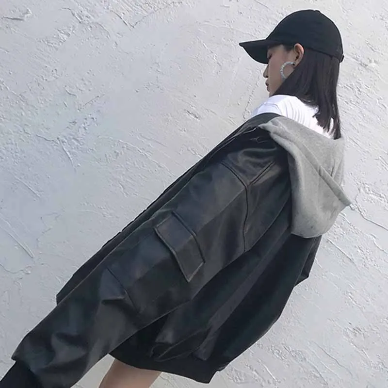 Hooded BF Harajuku Patch Bomber female Jacket Loosen PU Coats Black Leather Jacket Coat Women Oversize Basic Coat Jacket Hooded BF Harajuku Patch Bomber female Jacket Loosen PU Coats Black Leather Jacket Coat Women Oversize Basic Coat Jacket