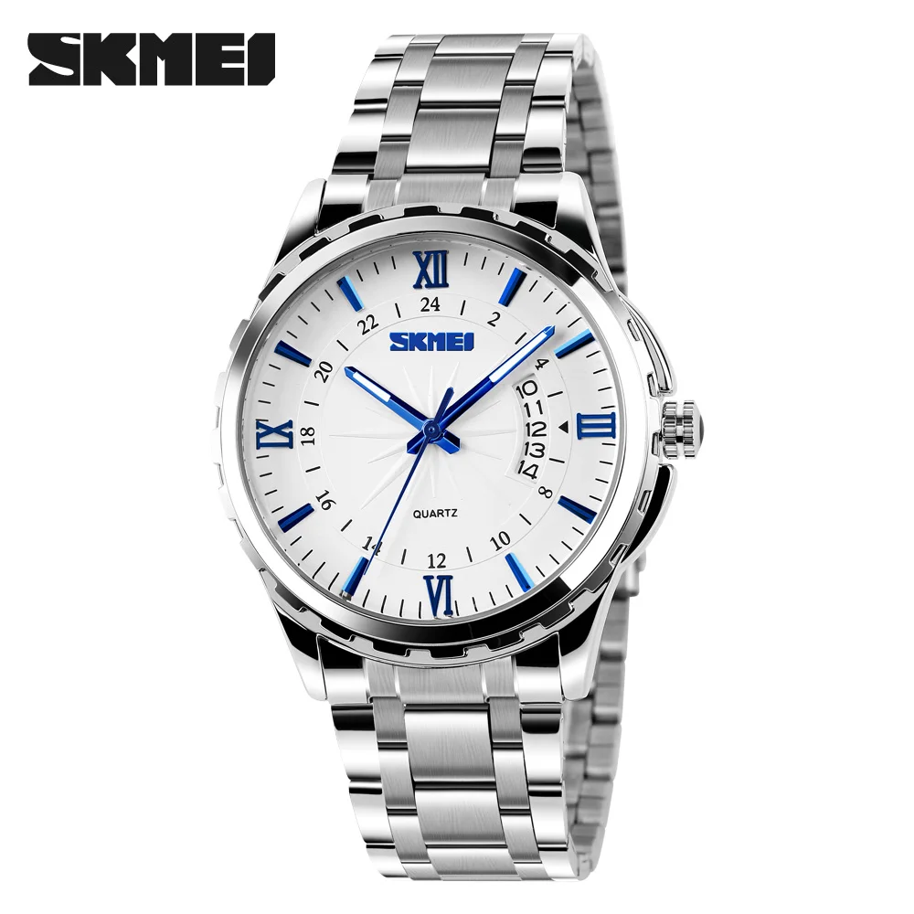 SKMEI брендовые Модные мужские деловые часы полностью стальные повседневные кварцевые нарядные часы Роскошные Водонепроницаемые наручные часы с календарем 9069