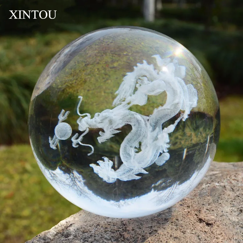 

XINTOU 3D Laser Engraved Dragon Figurine Ball Chinese Dragon lore Feng Shui Storm Glass Marbles Balls Crystal Sphere Dragonball