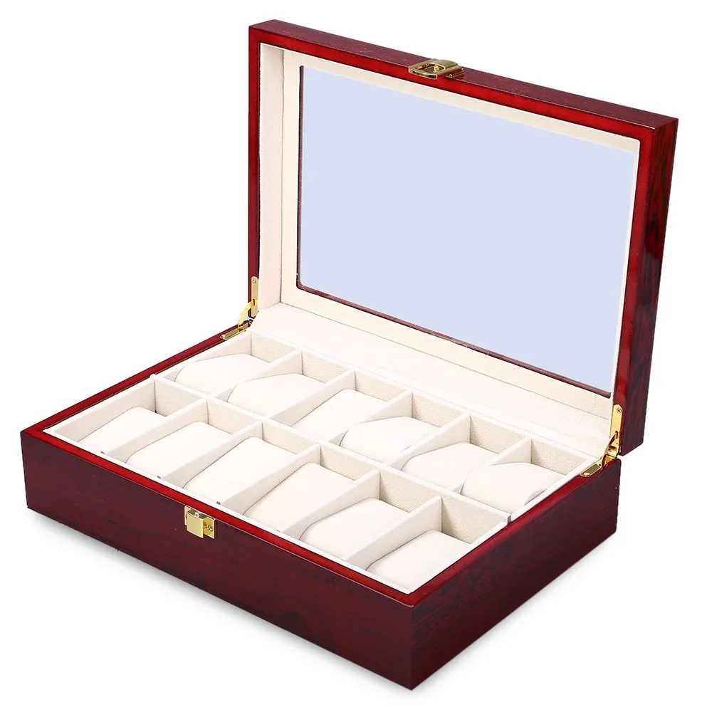 High Quality 12 Slots Elegant Wood Watch Display Case Watches Box Glass Top Jewelry Storage Organizer caixa para relogio 1