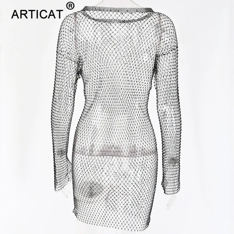 Пляжное платье со стразами Articat, Черное/белое прозрачное платье в сетку с длинным рукавом, короткое платье с перфорацией для