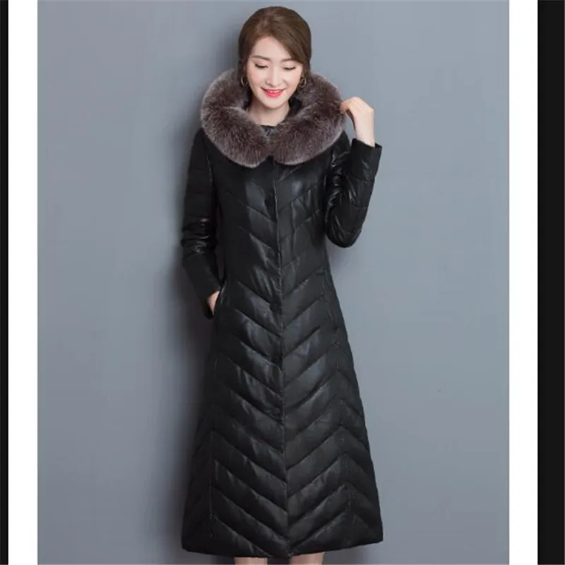 Зимняя Женская Длинная кожаная куртка, верхняя одежда размера плюс, женские куртки высокого качества, воротник лисы, уплотненный пуховик из искусственной кожи, пальто - Цвет: black