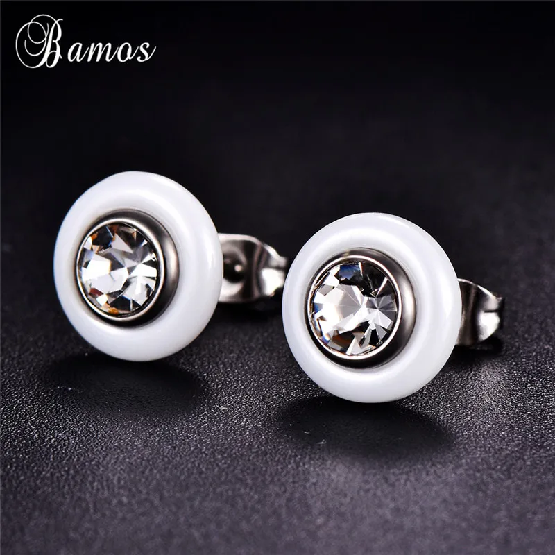 

2019 New Fashion Female White Black Ceramic Earrings Titanium Steel Zircon Wedding Earrings 10mm Big Stud Earrings For Women