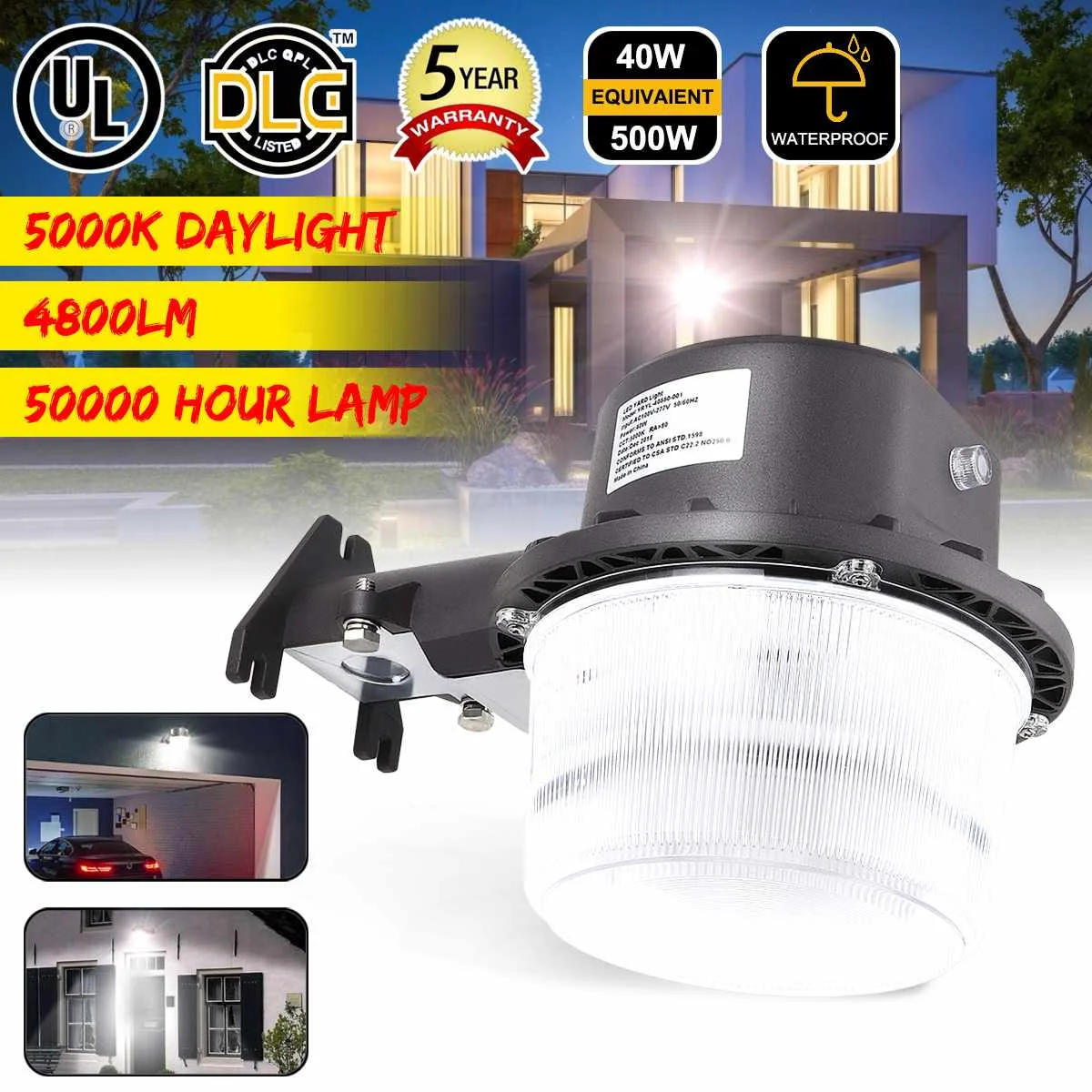 AC100-277V супер-яркий 40 W Dusk To Dawn светодиодный уличный фонарь для фермы гаража наружные Настенные светильники безопасности 5000 K белые