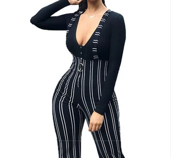 

2019 Overalls Women Striped Pants High Waist Zipper Flare Trouser Black Striped Overall Pants Female Bottom Wholesale Dropship