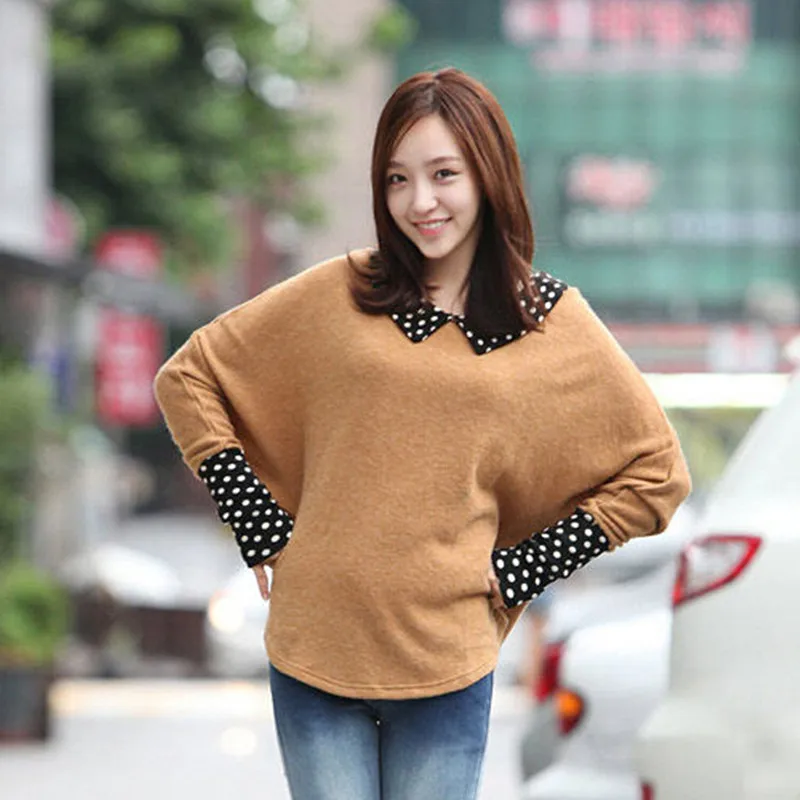 

Весенний женский тонкий пуловер с милым кукольным воротником, Свободное пальто с рукавом летучая мышь, женские топы в горошек, бесплатная доставка