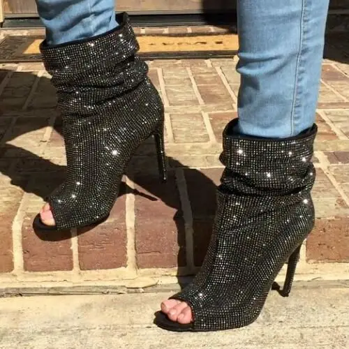 

high quality real photo woman rhinestones peep toe ankle high heel boots black crystal bling bling ankle boots