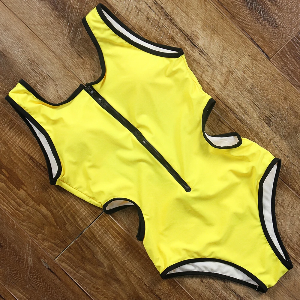 Yellow Red Black White One Piece Swimsuit Zipper Swimwear Hollow Women