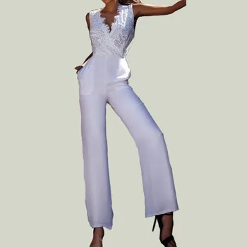

Women White Color Lace Floral Jumpsuit Clubwear Sexy Playsuit Sleeveless Party Bodycon Romper Trousers Female