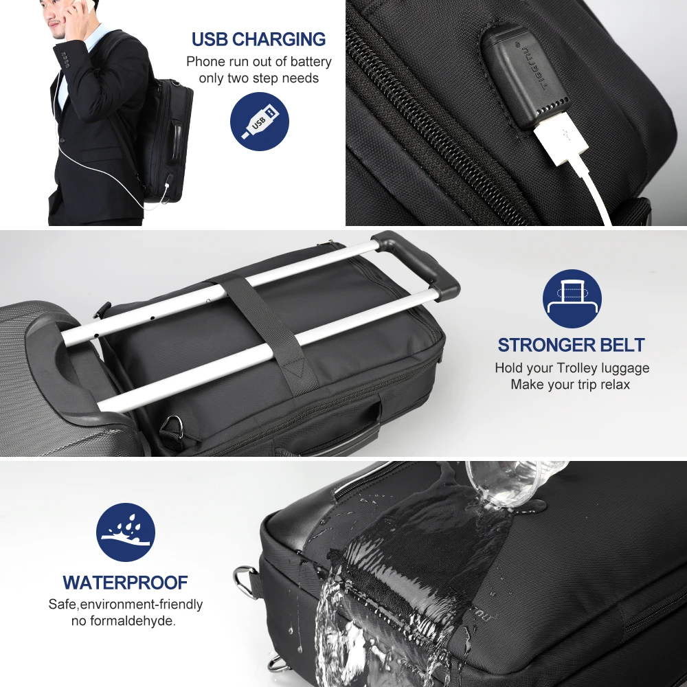 Moda para hombre 15,6 pulgadas multifunción Nylon repelente al agua 4 en 1 negocios USB Laptop mochila hombre mochila