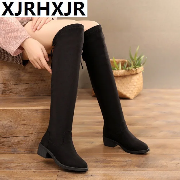 

Over-knee Boots Female Winter 2019 New Korean Edition Riding Boots with Suede Cotton Boots Wark Shoes 4 cm Heel For Women Black