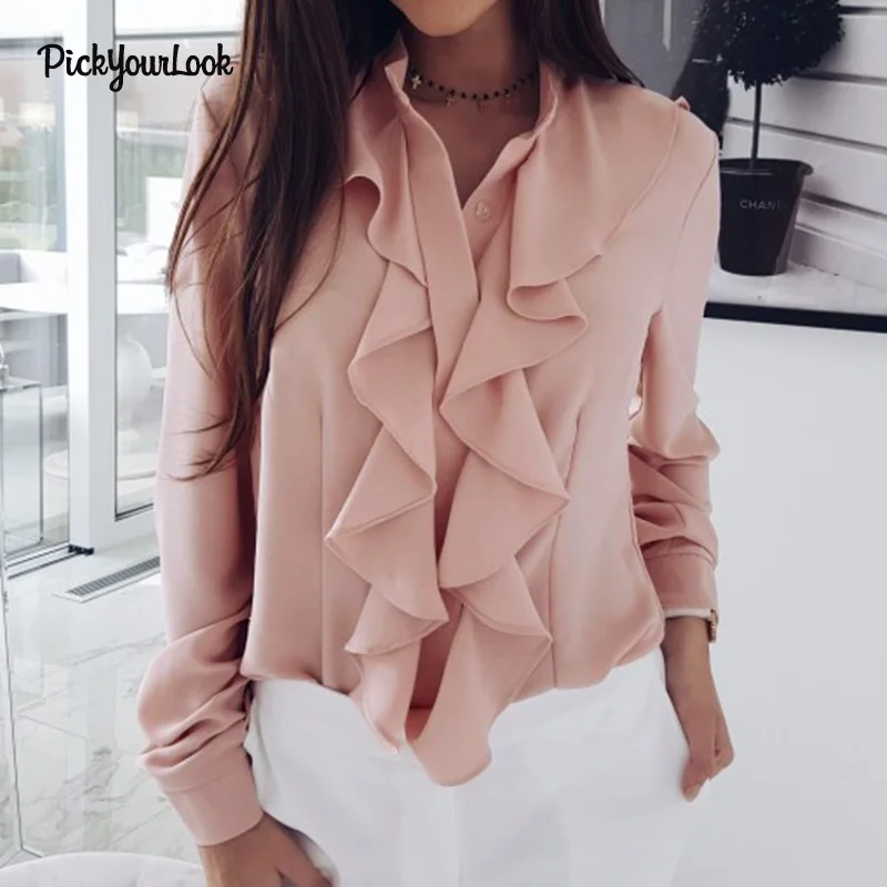 Pickyourlook рюшами Для женщин блузки и рубашки с длинным рукавом с высоким, плотно облегающим шею воротником пуговицами женская футболка осенние модные одноцветные женские Camicette