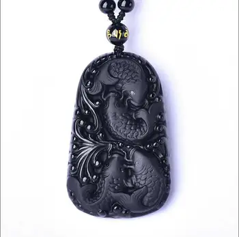 

58x36mm Wonderful Chinese Handwork Natural Black Obsidian Carved Fish Happy Reunion Lucky Blessing pendant necklace Fashion