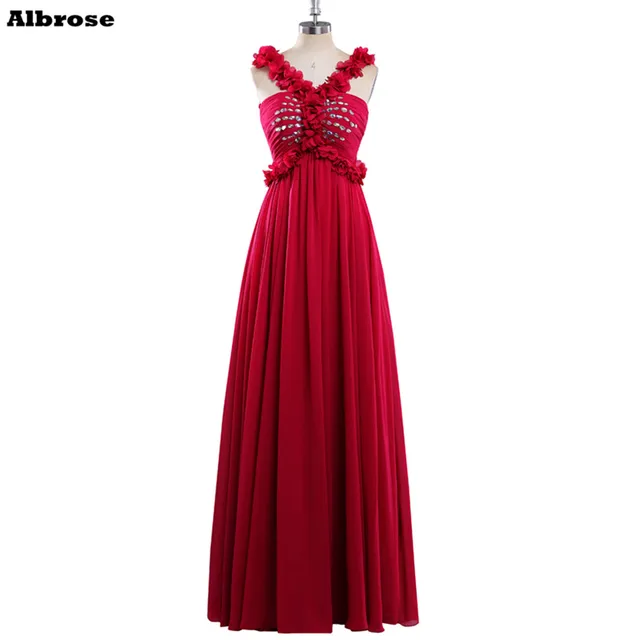 9758 Sexy Plage Robe De Soirée Rouge En Mousseline De Soie Pas Cher Simple Robes De Soirée Longue Cristal Fleurs Formelle Robes Dentelle Up Party
