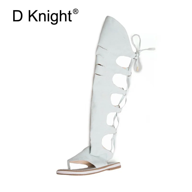 New Women's Summer Shoes Fashion Denim Knee High Women Gladiator Sandals Sexy Back Cross Tied High Top Flip Flops Beach Sandals (7)