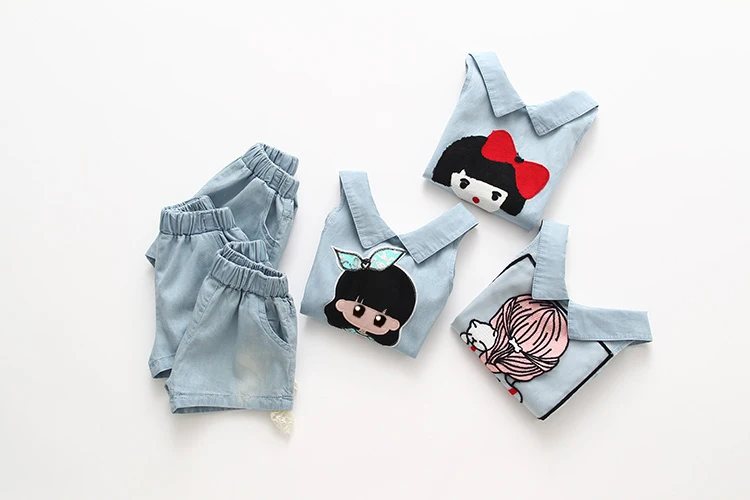 Girls Clothes 2018 Summer Casual 2-10 Years Old Kids Little Baby Cartoon Girl T Shirt+Shorts 2 Piece Lace Denim Blue Suit Set (13)