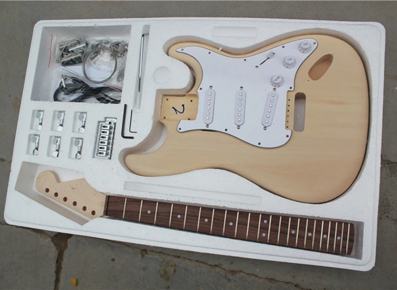 

Wholesale DIY pain-free ST semi-finished electric guitar kits with all hardwares,Maple fretrboard,White pickguard,SSS pickups