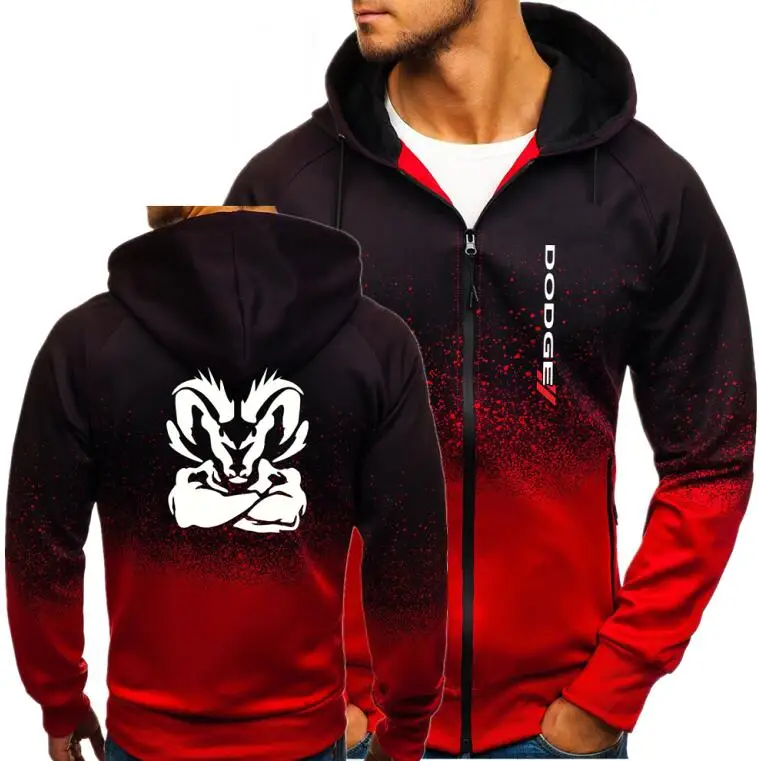 

Mens Streetwear Sweatshirt Men Zipper Hooded Jacket Gradient Color Tops Autumn Dodge RAM print Hoodies Tops