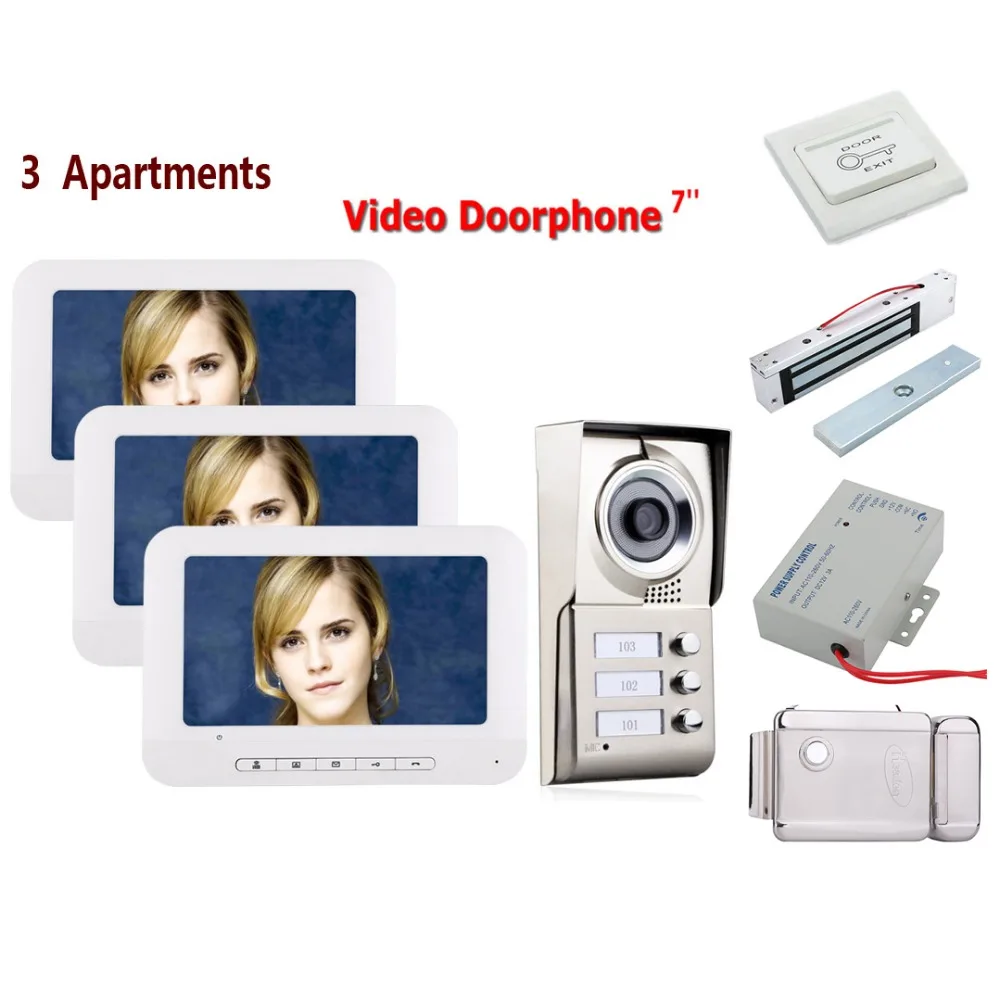 

Home set 7inch LCD 3 Apartments Video Door Phone Intercom System IR-CUT HD 1000TVL Camera Doorbell Camera +Electric Lock