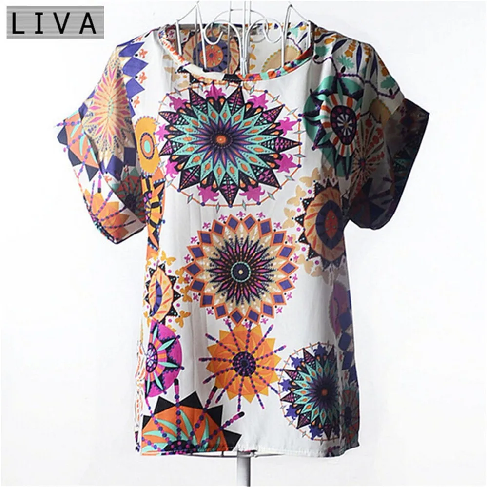 Fashion Thin Women Shirt S-XXL Summer Style Loose Colorful Print Chiffon Blouse Casual Tops Short Sleeve blusa feminina stripe (4)