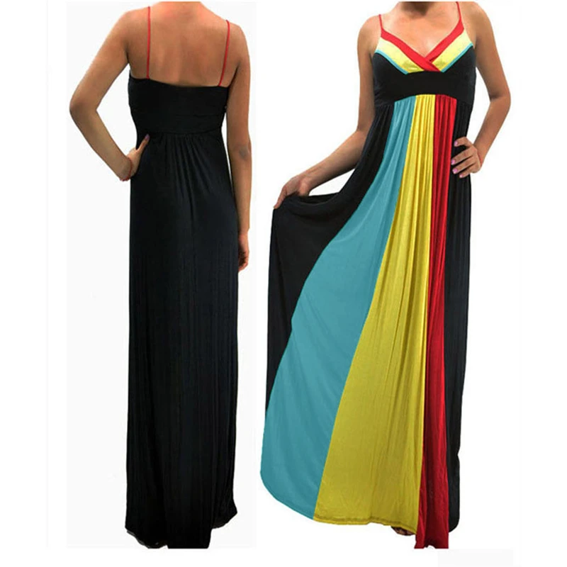 

WPCZQVZA Hot Sales Summer Woman Long Dress Sexy V-Neck Sling Backless Dresses Women Sleeveless Stripe Splicing Dress Vestidos