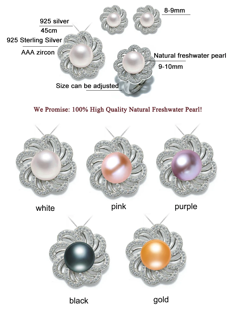 Мода zhboruini, ювелирный набор с жемчугом, натуральный пресноводный жемчуг, цветок, ожерелье, серьги, кольцо, 925 пробы, серебряные ювелирные изделия для женщин