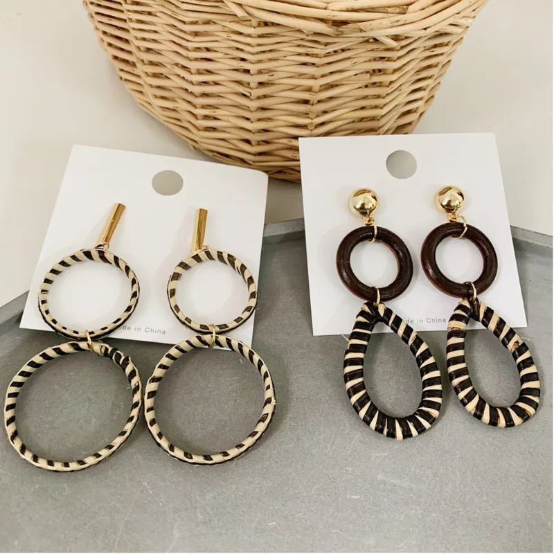 

Korean Earrings Rattan Wood Earrings Exaggerated Multi-layer Double Round Rattan Weaving Fashion Female Ear Rings 2019 Jewelry