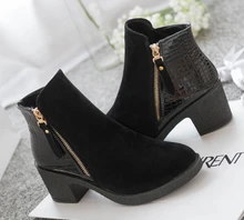women boots 2015 fashion autumn ankle boots pu leather shoes woman suede Splice black blue high heels boots shoes women AA223
