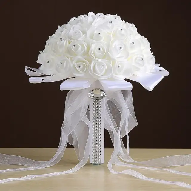 High Quality Artificial Rose Foam Flower Brides Maid Wedding Bridal High Quality Artificial Rose Foam Flower Brides Maid Wedding Bridal Bouquet White Satin Crystal Bouquets