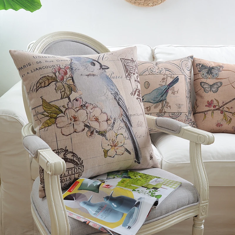 America Style Vintage Birds Throw pillows Cotton Linen Decorative Throw