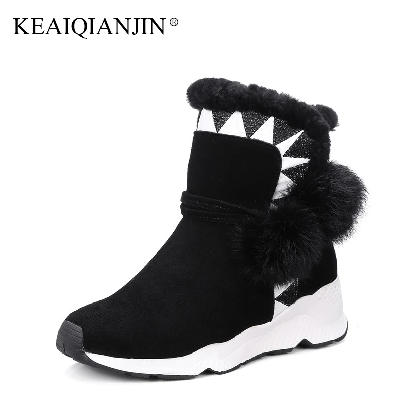 

KEAIQIANJIN Woman Fur Snow Boots Crystal Winter Genuine Leather Shoes Black Grey Brown Platform Shearling Ankle Boots Flat With