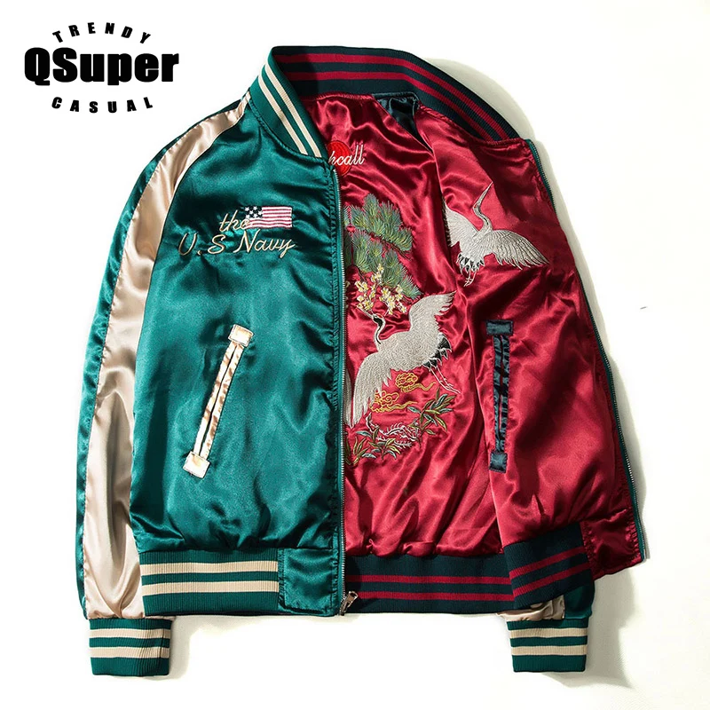 QSUPER двухсторонняя Роскошная куртка-бомбер с вышивкой, гладкая Мужская Сувенирная Куртка Sukajan Yokosuka, уличная бейсбольная куртка в стиле хип-хоп