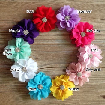 

20pcs/Lot 7.5CM 10Colors Rhinestone in Central Chiffon Flowers DIY Baby Girl Head Band Accessory Dress Cloth Decoration Supply