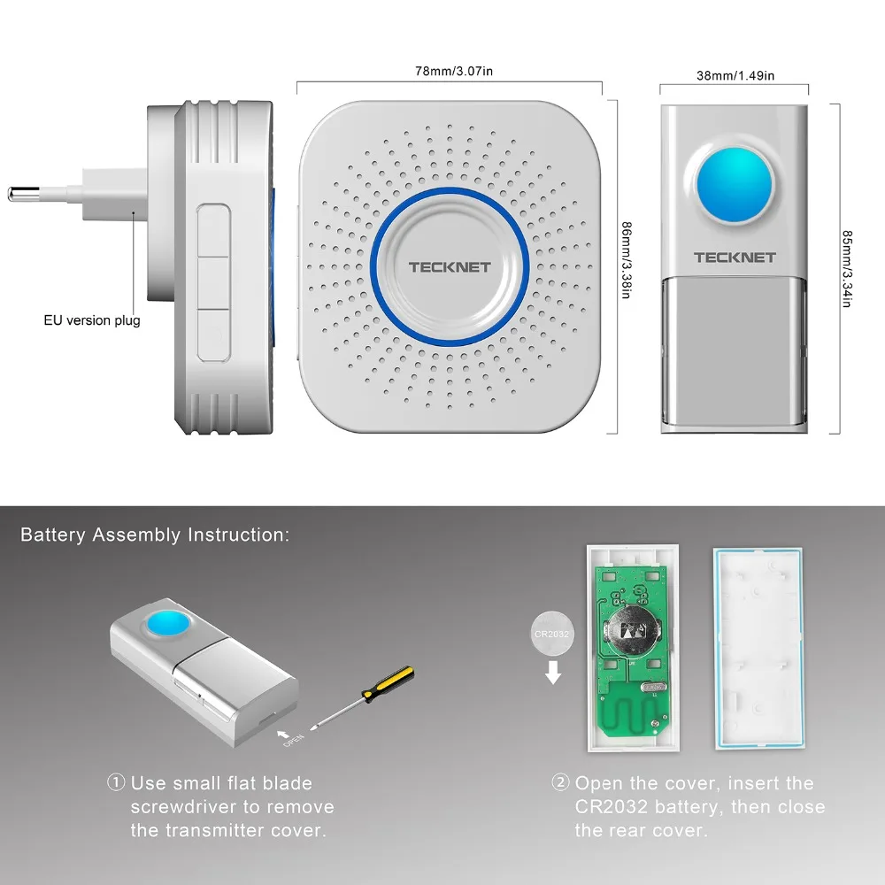 TeckNet Wireless Doorbells Cordless 150M Door Chime Bell Kit IP55 Waterproof with LED Indicator 58 Chimes Melodies EU/UK Plug TeckNet Wireless Doorbells Cordless 150M Door Chime Bell Kit IP55 Waterproof with LED Indicator 58 Chimes Melodies EU/UK Plug