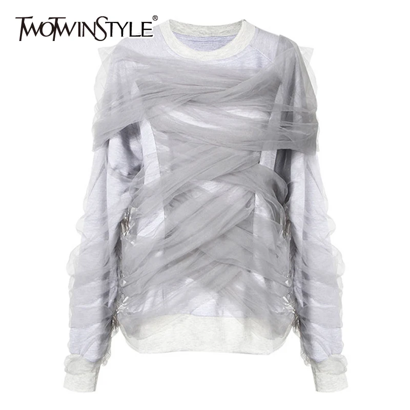 

TWOTWINSTYLE Mesh Pullover Autumn Patchwork Long Sleeve Big Size Gray Sweatshirts Hoody For Women 2019 Fashion Casual Clothing