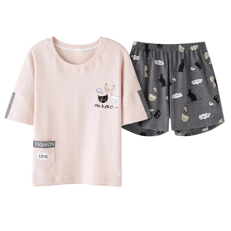 

Pajamas Set Summer Pullover 100% Cotton Pajamas Women's Short Sleeve Sweet Cute Cartoon Cat Shirt Home Service