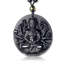 Natural Stone Pendants Black Obsidian Carved Round Thousand Hands Guanyin Buddha Amulet Lucky Lovers' Pendant Necklace Jewelry natural obsidian stone carved maitreya buddha pendant necklace jewelry unisex men women lucky amulet pendant free beads chain