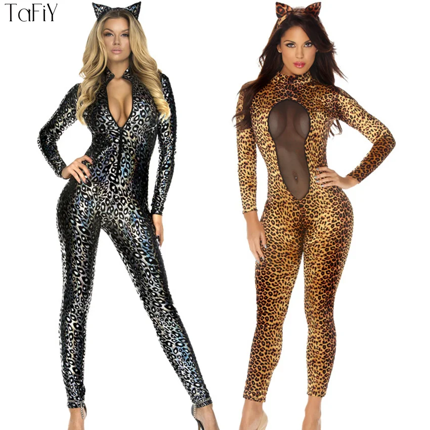 

TaFiY 2017 Womens Sexy Catwoman Outfit Leopard Cat Halloween Costume Women Sexy Halloween Catwomen Fantasy Jumpsuits+Headwear