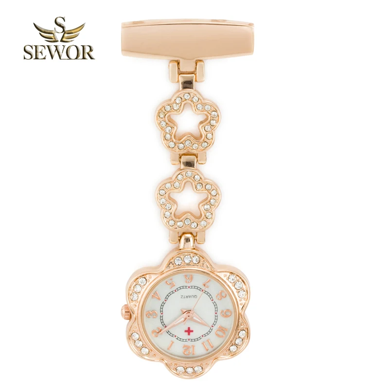 

2017 SEWOR Luxury Womens Nurse Pocket Watches Chic Five star Stainless Steel Crystal rose Pocket Watches Ladies Favorite C183