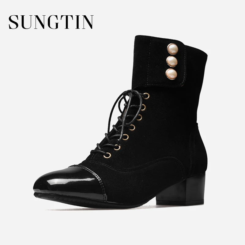 

Sungtin Spring Women Fashion Pearl Ankle Boots Women Spring Suede Motorcycle Boots Ladies Lace Up Chic Block Heel Ankle Booties