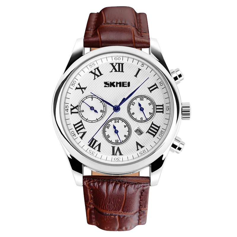Business man s Watches Casual Fashion Calendar Double Time Date Week display Leather Strap Quartz Watch