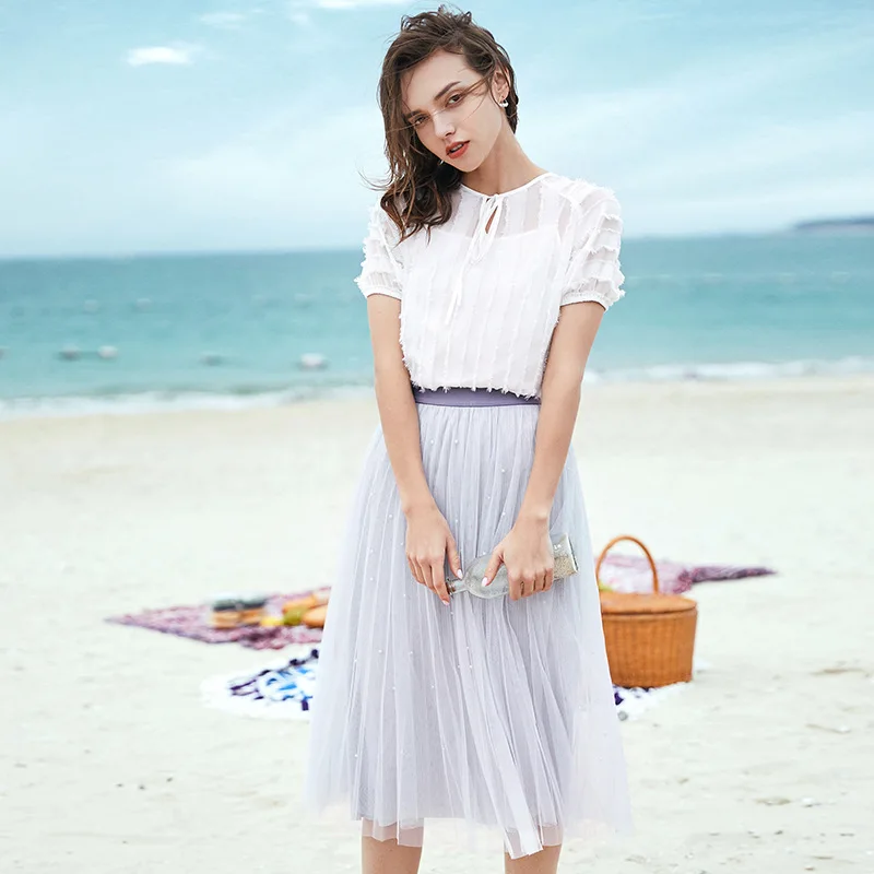 Mesh stitching pleated skirt Spring Sweet Fairy High Waist Slim Princess Irregular Lace Stitching skirt Mesh stitching pleated skirt Spring Sweet Fairy High Waist Slim Princess Irregular Lace Stitching skirt