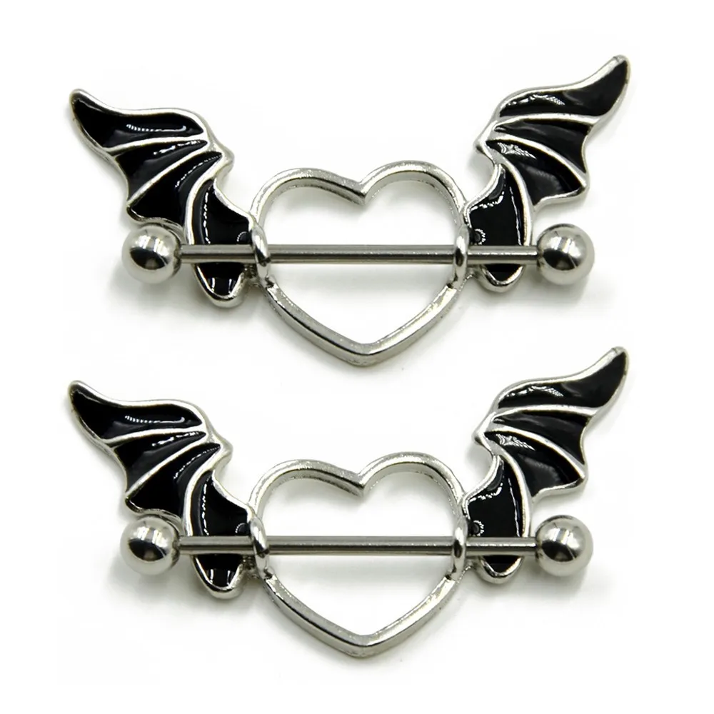 

MODRSA 1pair Bat Wing Nipple Shield Ring Stainless Steel Nipple Piercing Heart Shape Barbell Breast Rings Body Jewelry