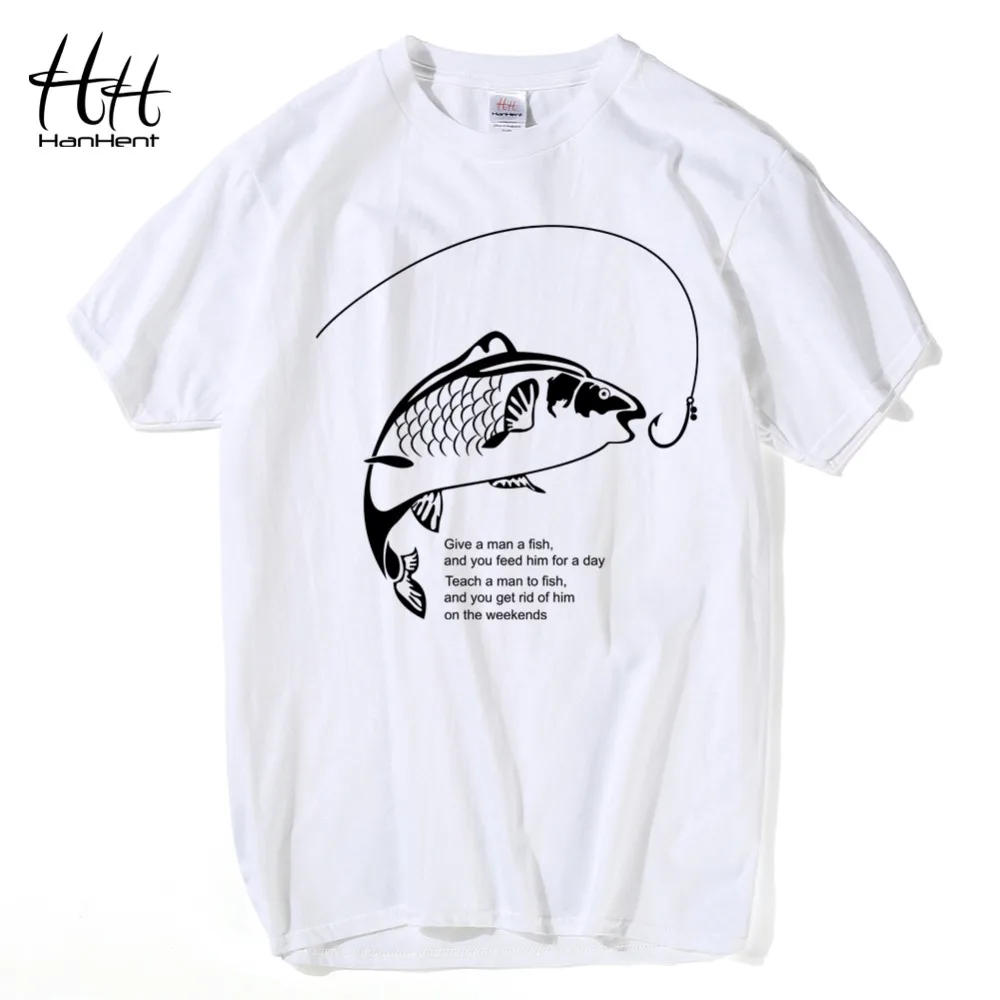 HanHent Love to fish Printed T shirts Fish Men Round Neck Cotton Tops