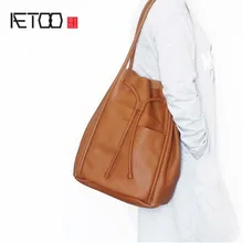 AETOO Temperament literary retro simple soft top layer leather belt literary one shoulder cowhide leather female big bucket bag