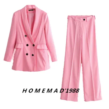 

Pink Color Pants Suits Women Fashion Long Sleeve Jacket Long Wide Leg Pants Women Double Breaste Suits Female Ladies