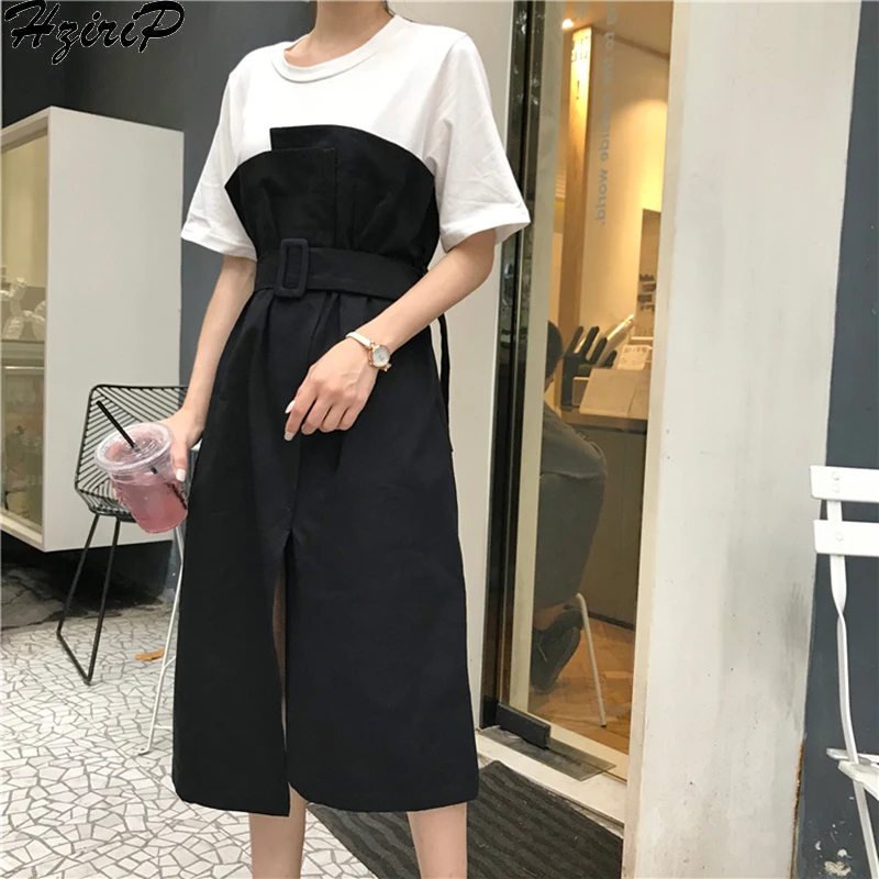 

HziriP New 2019 Spring Summer Women Stylish Loose Dresses O-Neck Slim High Waist Casual Dress A-Line Preppy Style 3 Colors
